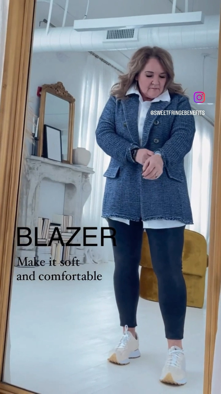 Sweater blazer in chambray tweed knit. Perfect for the office or vacation! I’m in a 2.0. Tunic size 2,0. No iron really! And faux leather leggings size XLP  

#LTKworkwear #LTKFind #LTKtravel