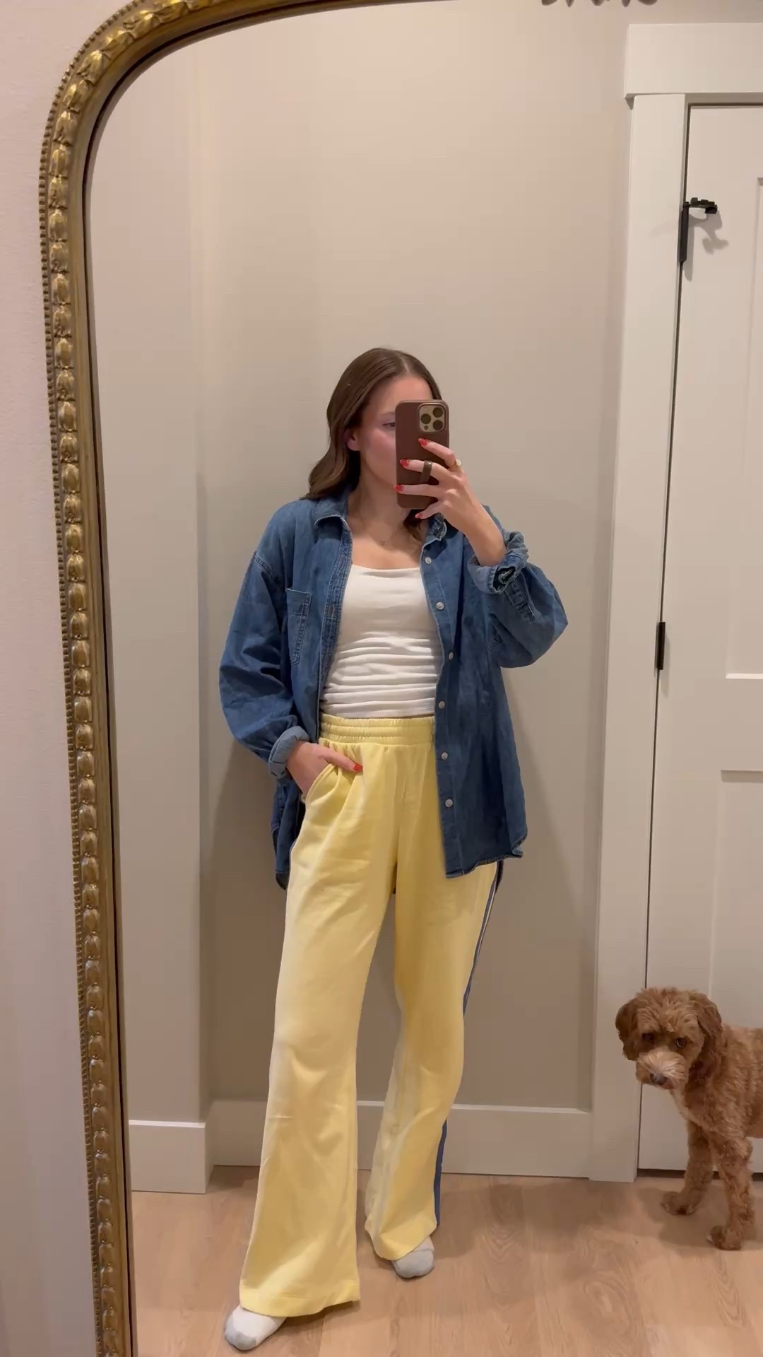 my second color of these track sweatpants! They are fleece lined and so comfy AND currently on sale for just $20! Wearing a size small

Ootd | sweatpants | yellow pants | closet staples | aritzia button down | denim top 

#LTKmomlife #LTKootd