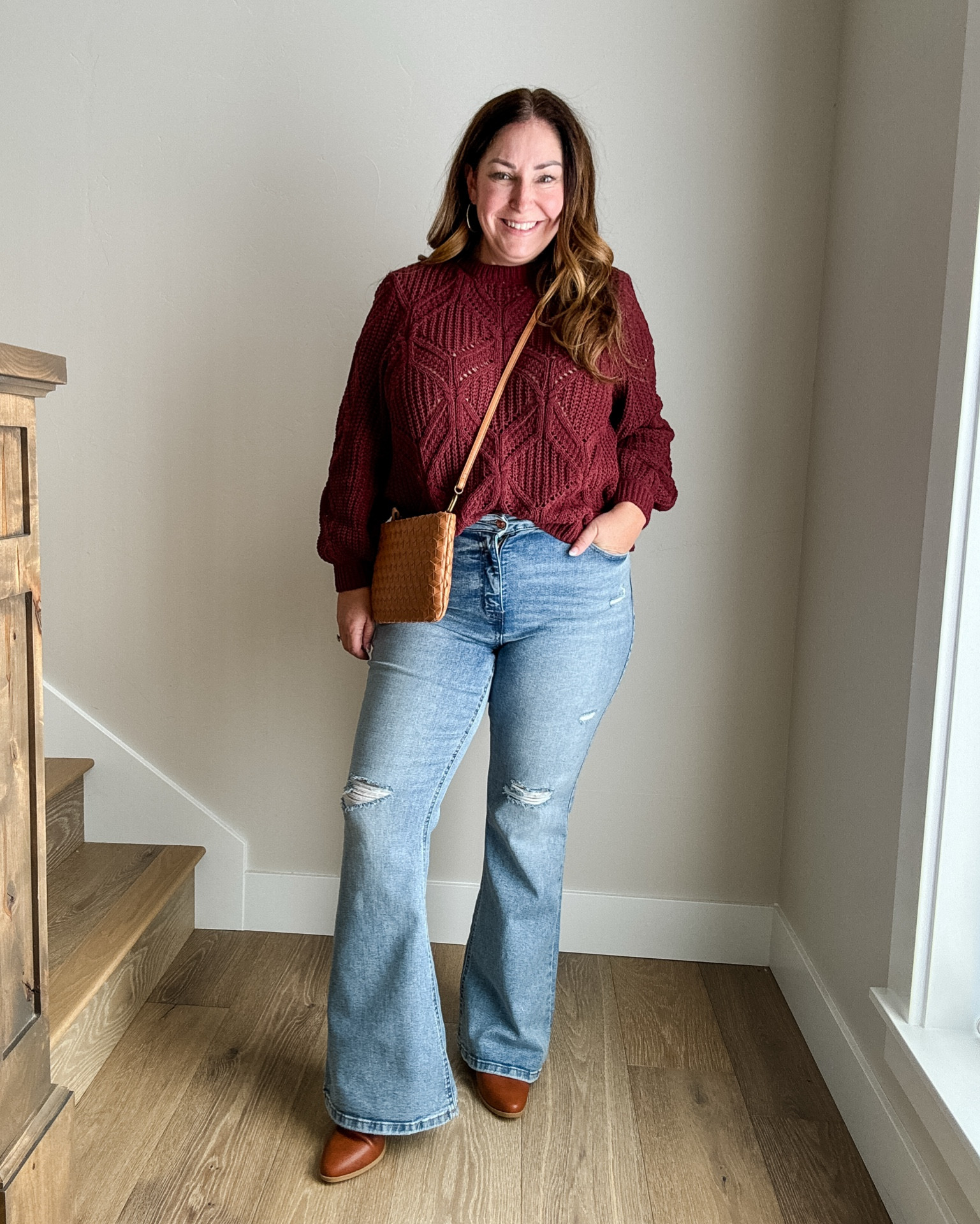 Fall outfit with distressed flare jeans 
·wearing 12 in jeans, L in sweater 

#LTKSeasonal #LTKSaleAlert #LTKMidsize