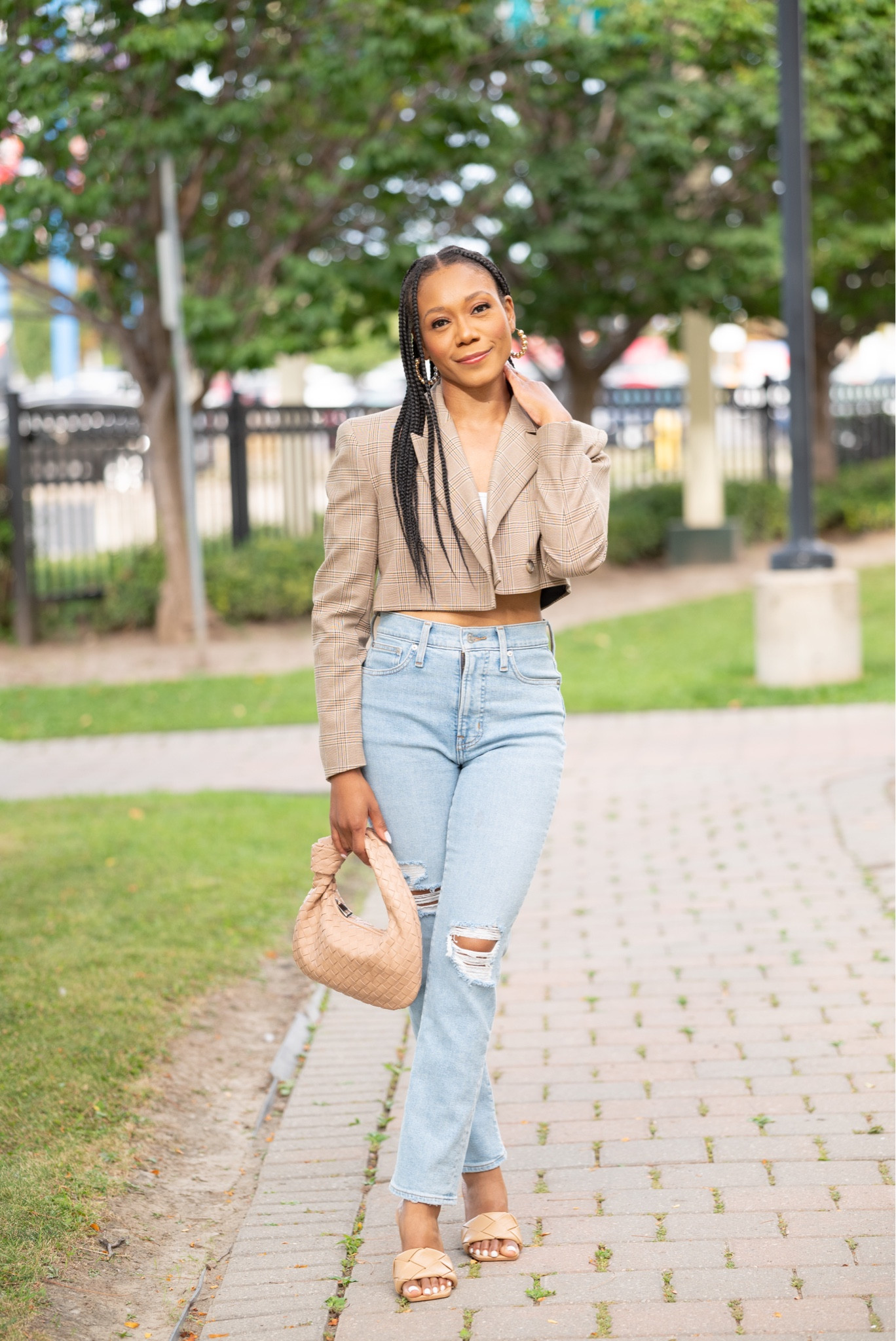 This cropped blazer perfectly transitions into fall with these high waisted Madewell jeans. I suggest you size down for the jeans. I’m wearing a size 25 for reference. 
#highwaistedjeans #madewelljeans #bottegadupe #cropblazer #plaidblazer 

#LTKitbag #LTKSeasonal #LTKsalealert