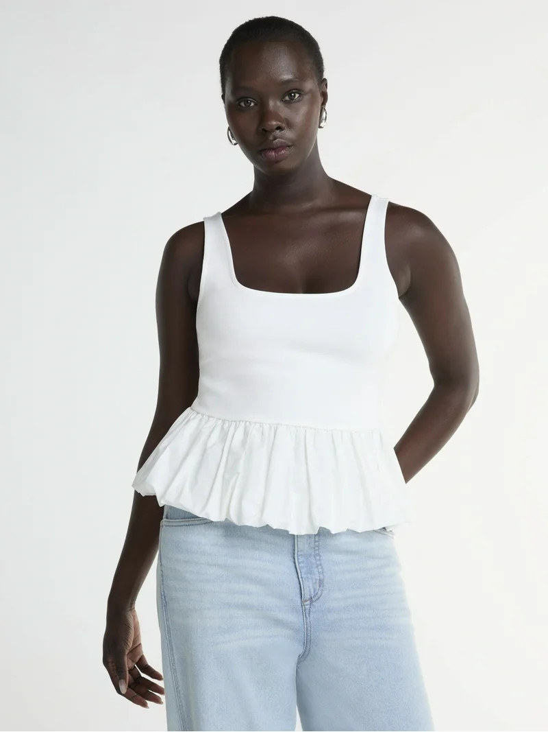 Scoop Women’s Mixed Media Bubble Hem Tank Top, Sizes XS-XXL | Walmart (US)