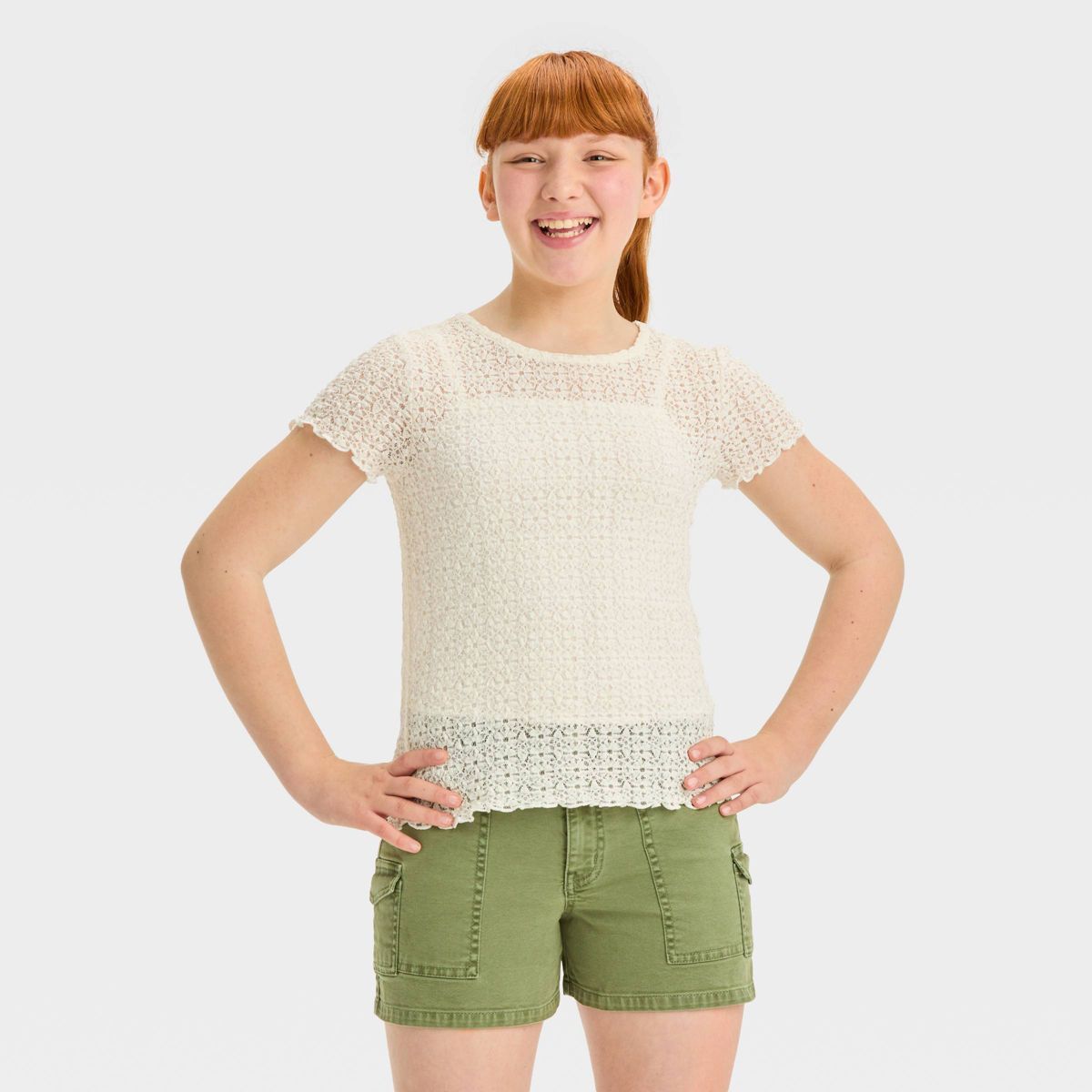 Girls' Short Sleeve Crewneck Lace Top - art class™ | Target