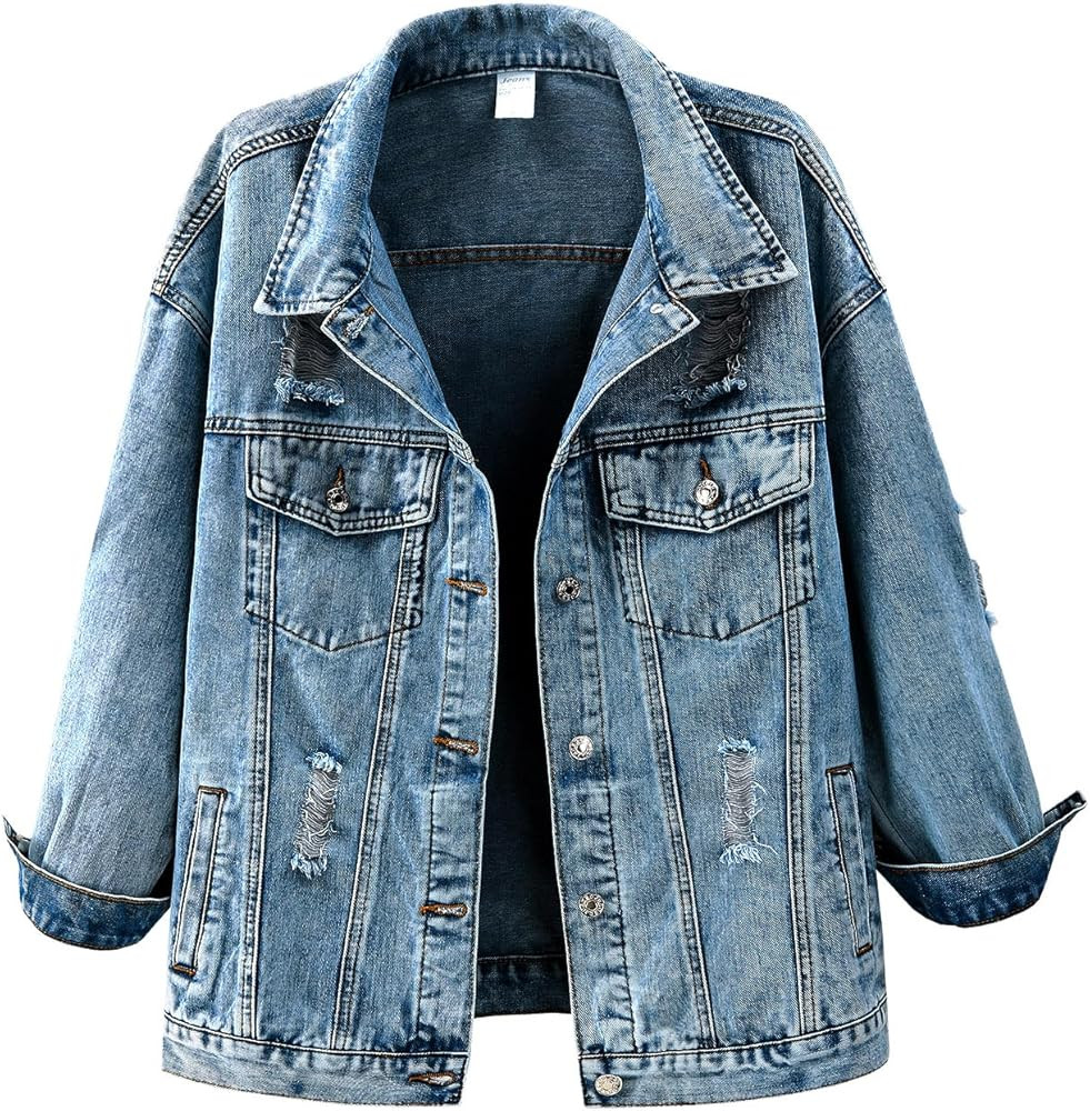 Women's Oversized Denim Jacket Drop Shoulder Distressed Boyfriend Baggy Jean Jacket with Pockets | Amazon (US)