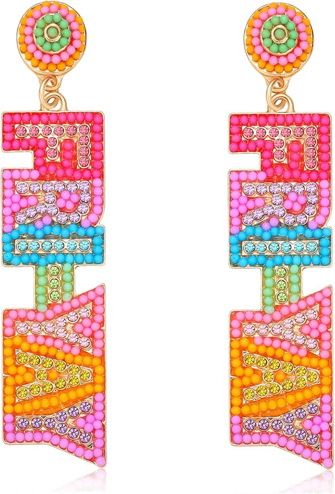 PHALIN Teacher Earrings for Women Beaded Teacher Drop Earrings Delicate Rhinestone Letter FRI-YAY... | Amazon (US)