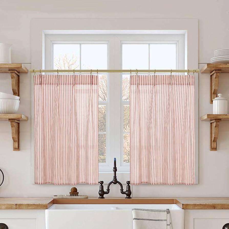 Christmas Kitchen Curtains,Farmhouse Red and Off White Striped Linen Cotton Small Cafe Cabin Curt... | Amazon (US)