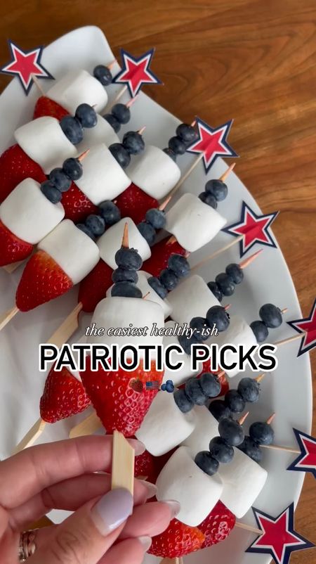 Simple summer skewer for the Fourth of July m! 🍓🫐🇺🇸 make these patriotic picsk with Strawberries, blueberries and a large marshmallow on bamboo skewers or any of the festive ones I’ve linked below! You need around a 5 inch skewer to make this exact one! 🇺🇸🫐🍓💫

#LTKVideo #LTKParties #LTKHome