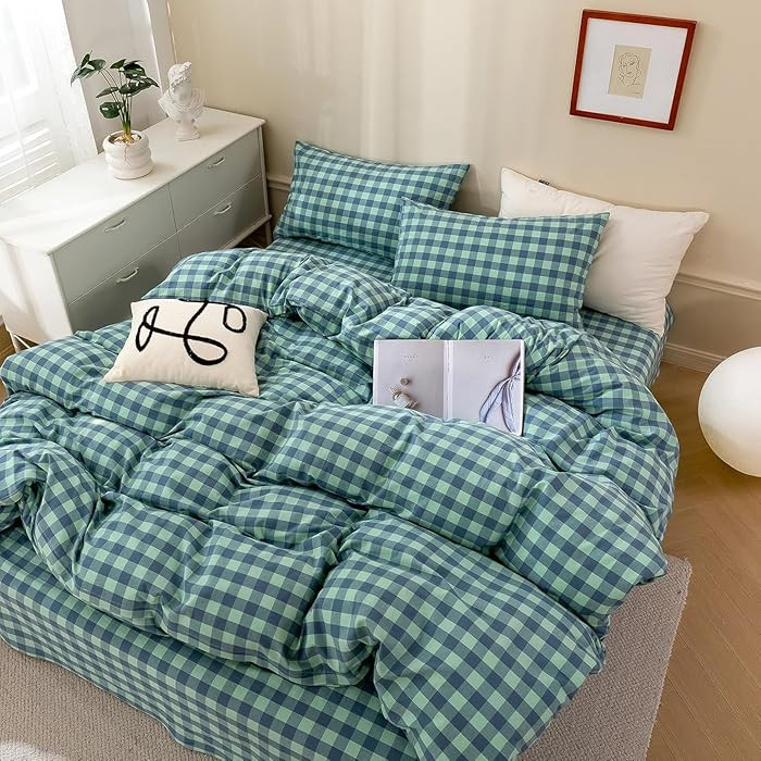 mixinni Green Gingham Grid Duvet Cover King, 100% Washed Cotton Modern Geometric Bedding Set with... | Amazon (US)