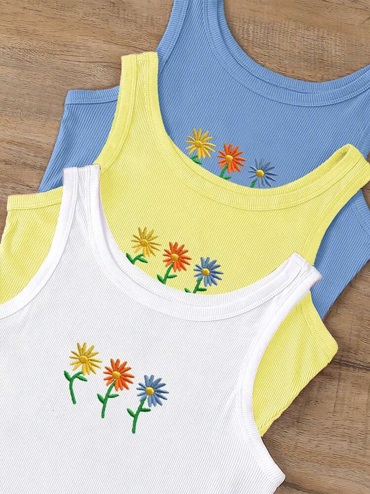INAWLY 3pcs/Set Women Daisy Embroidery Round Neck Camisole | SHEIN