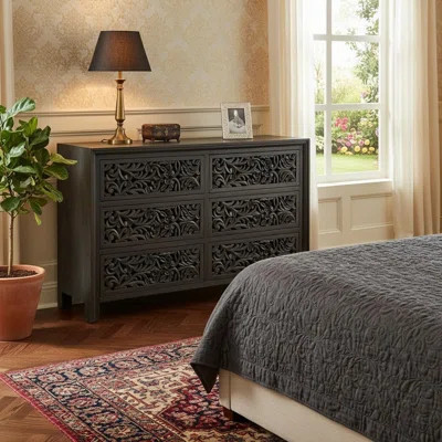 57" Black Carved Scrollwork Solid Wood Six Drawer Dresser | Wayfair North America
