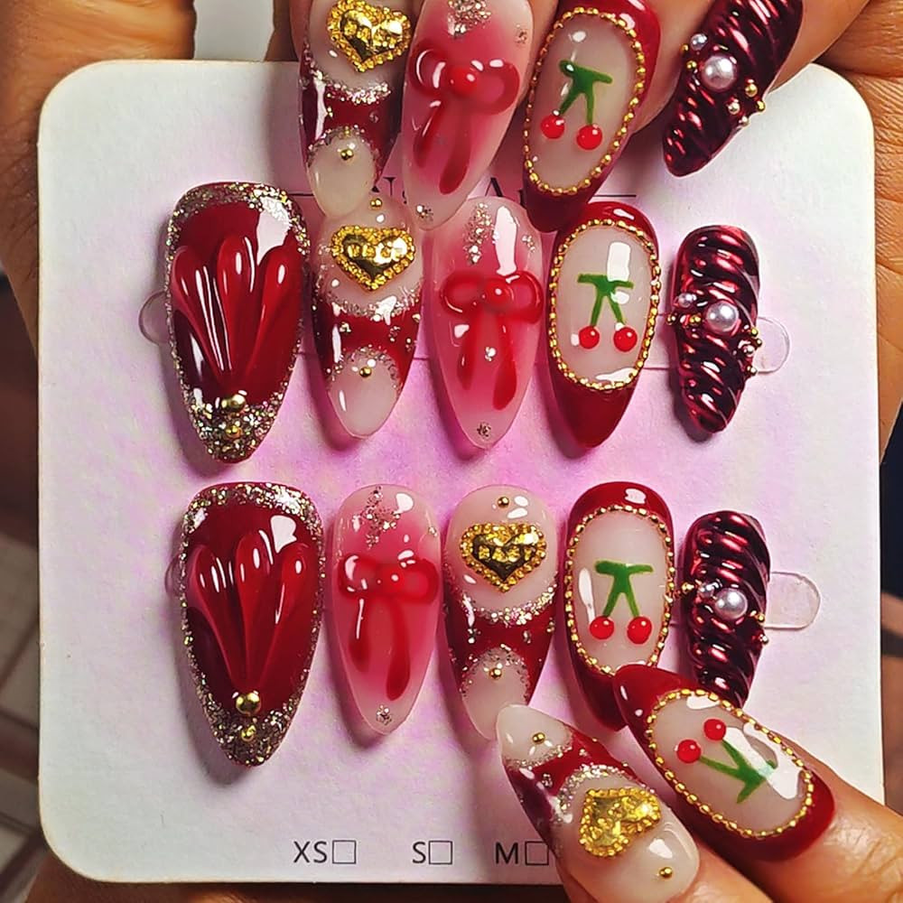 Handmade Acrylic Press On Nails Almond, Red Press On Nails Medium, Ombre Blush 3D Nails Red Chrom... | Amazon (US)