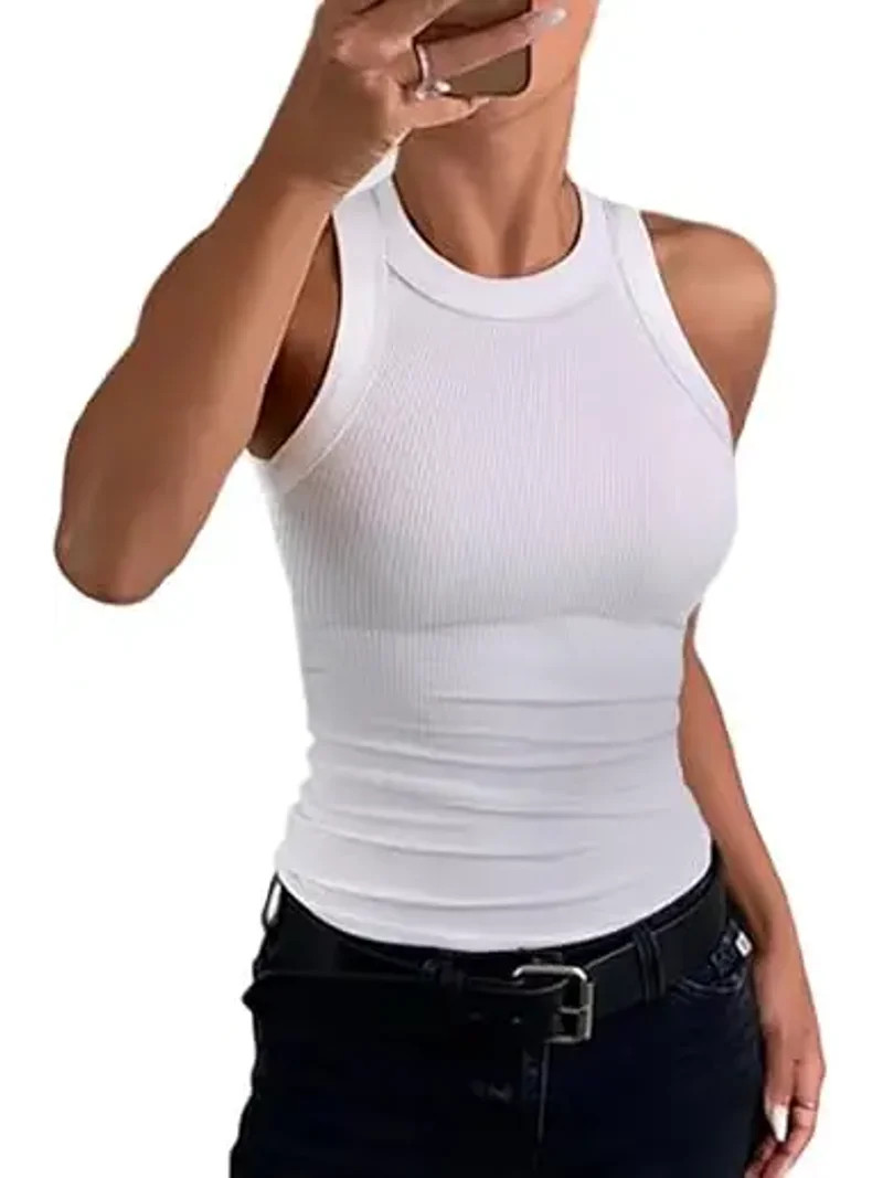 CHICME Tank Tops for Women Solid Color O-Neck Sleeveless Elastic Slim Fit Basic Vest Casual Women... | Walmart (US)