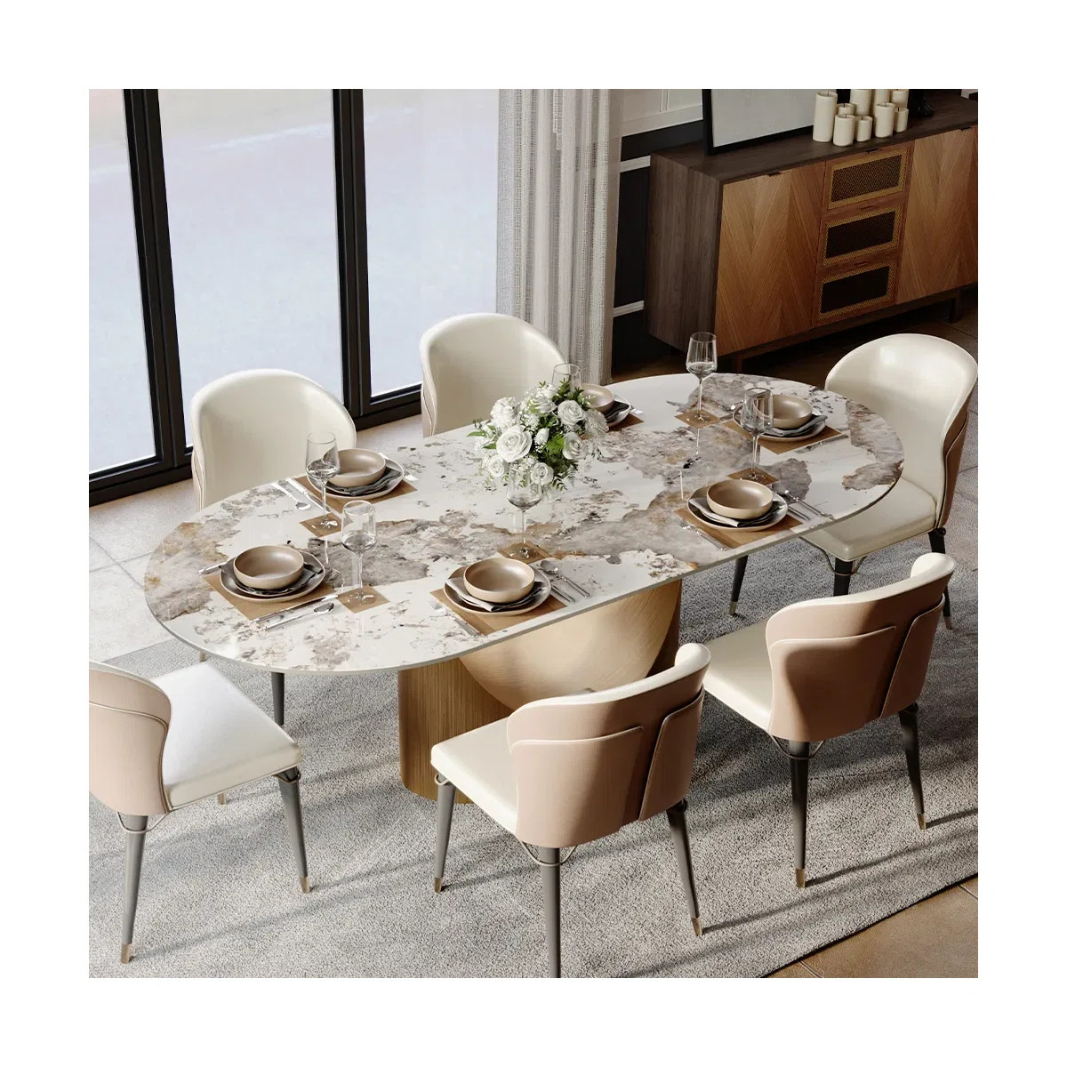 7 Pieces Dining Room Sets, Pre-Assembly Oval Dining Table Sets, Sintered Stone Tabletop Kitchen D... | Wayfair North America
