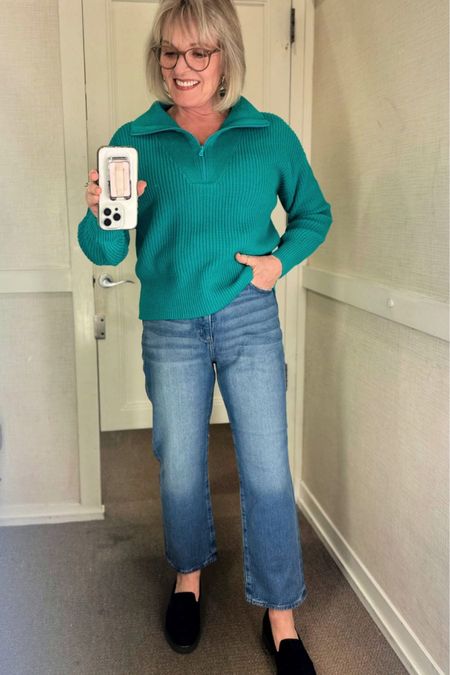 This half zip sweater from Loft is a great shade of green but it looks bright aqua on the website. It’s very soft and a nice weight for spring. This would be nice layered over a striped tee as they show on the website or just worn alone. The high-rise straight leg jeans in a nice mid wash, and are available in regular or petite sizes.

#fashion #fashionover50 #fashionover60 #springfashion #loft #loftfashion #straightlegjeans #lou&grey

#LTKSpringSale #LTKfindsunder100 #LTKstyletip