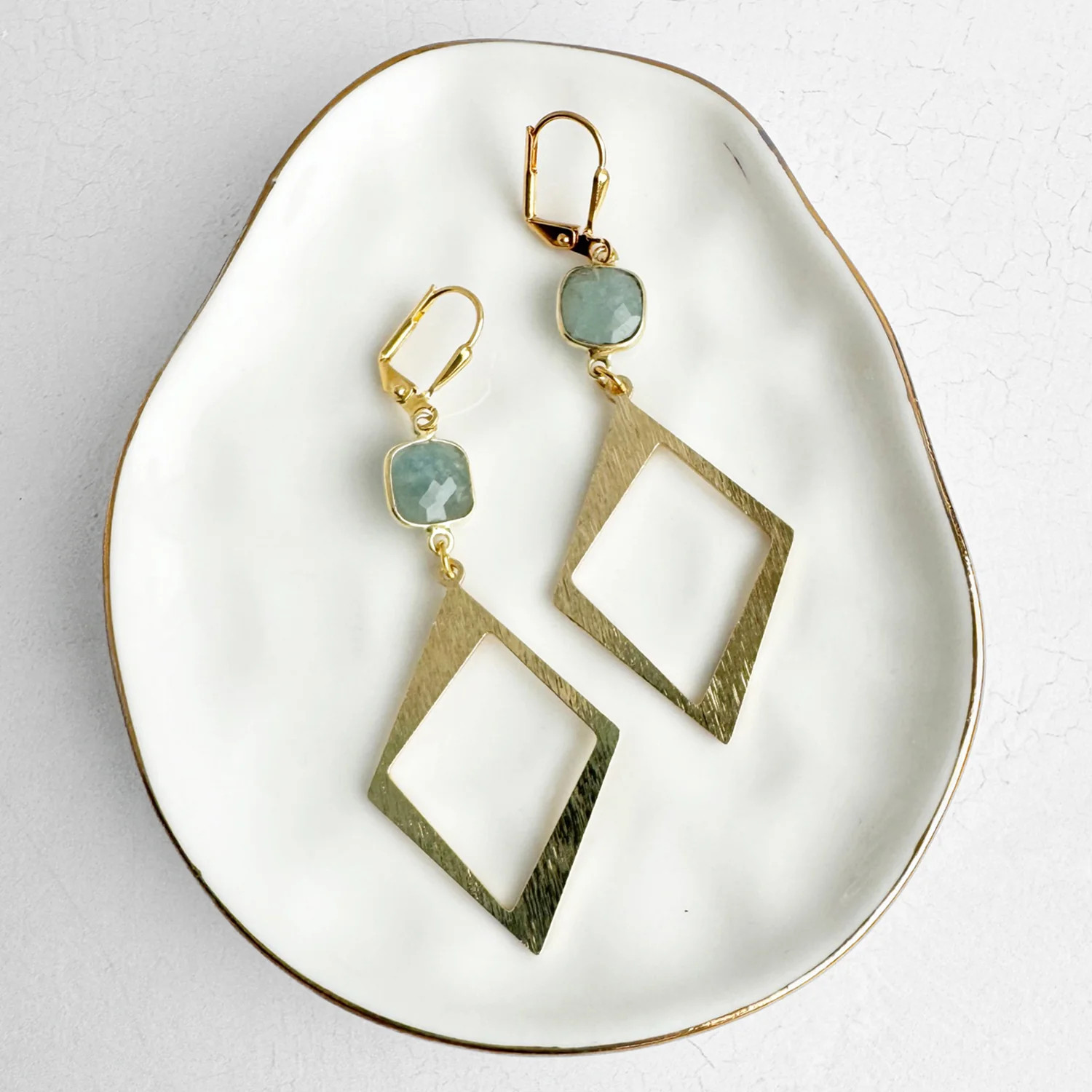 Aquamarine Diamond Pendant Earrings in Brushed Gold | Rustic Gem Jewelry