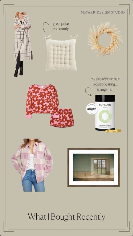 What I bought Recently…a perfect for fall checkered trench, cozy and affordable chair cushions, Nutrafol hair vitamins, the cutest little girls cardigan set, a comfy flannel for fall, the calmest wall art around and a wheat wreath giving me all the elegant fall vibes!

#falldecor #fallfashion #falljacket #girlsclothes #hairvitamins #wallart #chaircushion #shacket #womensfallfashion #neutralhome 

#LTKhome #LTKkids #LTKSeasonal