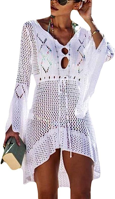 Bsubseach Women Crochet Swimsuit Cover Up Hollow Out Flare Sleeve Beach Dress | Amazon (US)