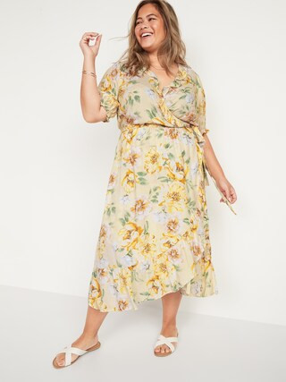 Waist-Defined Ruffled Tie-Belt Plus-Size Midi Wrap Dress | Old Navy (US)