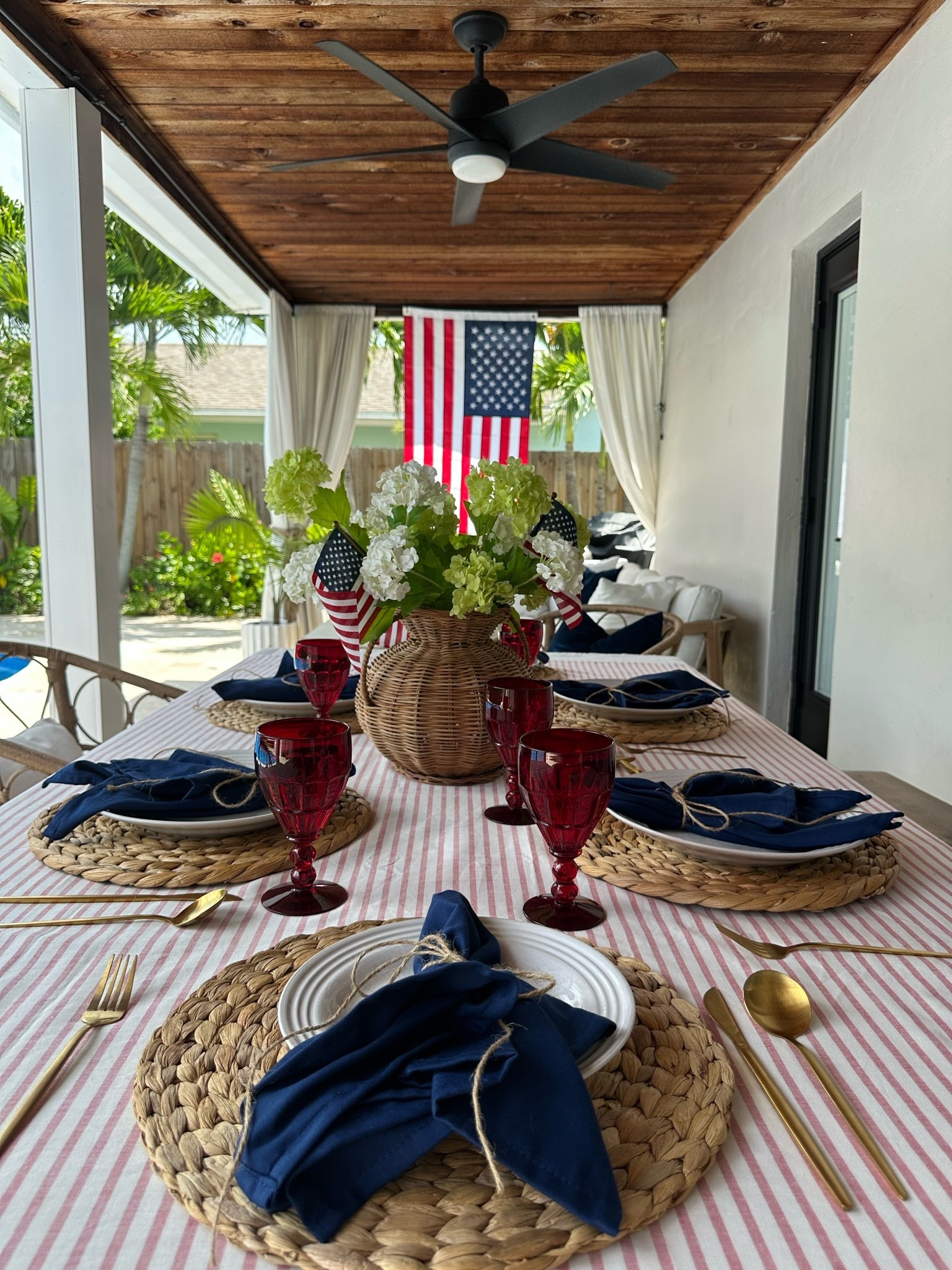 Outdoor table setting 
4th of July outdoor table setting. I used this red and white striped shower curtain I found last minute on clearance as a tablecloth. Mixed in my Amazon woven placements with my vintage red goblet glasses and navy blue napkins. 

Fourth of July
Summer
Poolside
Bbq
Barbecue 
Outdoor table
Outdoor kitchen 
4th of July party 
Amazon 
Pottery barn 
At home 
Studio McGee 
Magnolia 
Summer flowers
Garden
Nancy Meyers holiday 
Cottage 
Coastal beach house 
Cozy home 
Home decor
Backyard
Patio
Porch 
American bunting flag
Vintage
Glasses 
Glassware
American flag 
Flag
Bunting flag 
Porch 
Backyard
Patio
Garden
Memorial Day
Long weekend

#LTKSaleAlert #LTKHome #LTKSeasonal