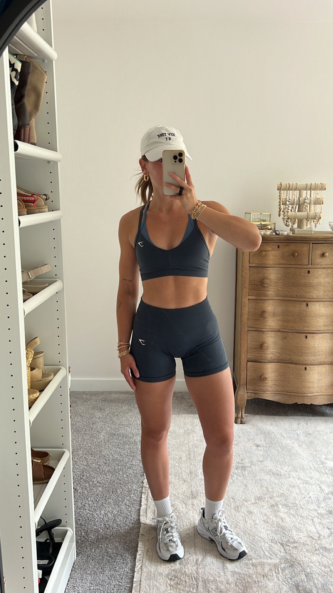 7/30/24 Gym outfit of the day 🫶🏼 Gymshark set, Gymshark biker shorts set, Gymshark women, biker shorts set, blue workout set, gym outfits, cute gym outfits, gym sneakers, new balance sneakers 