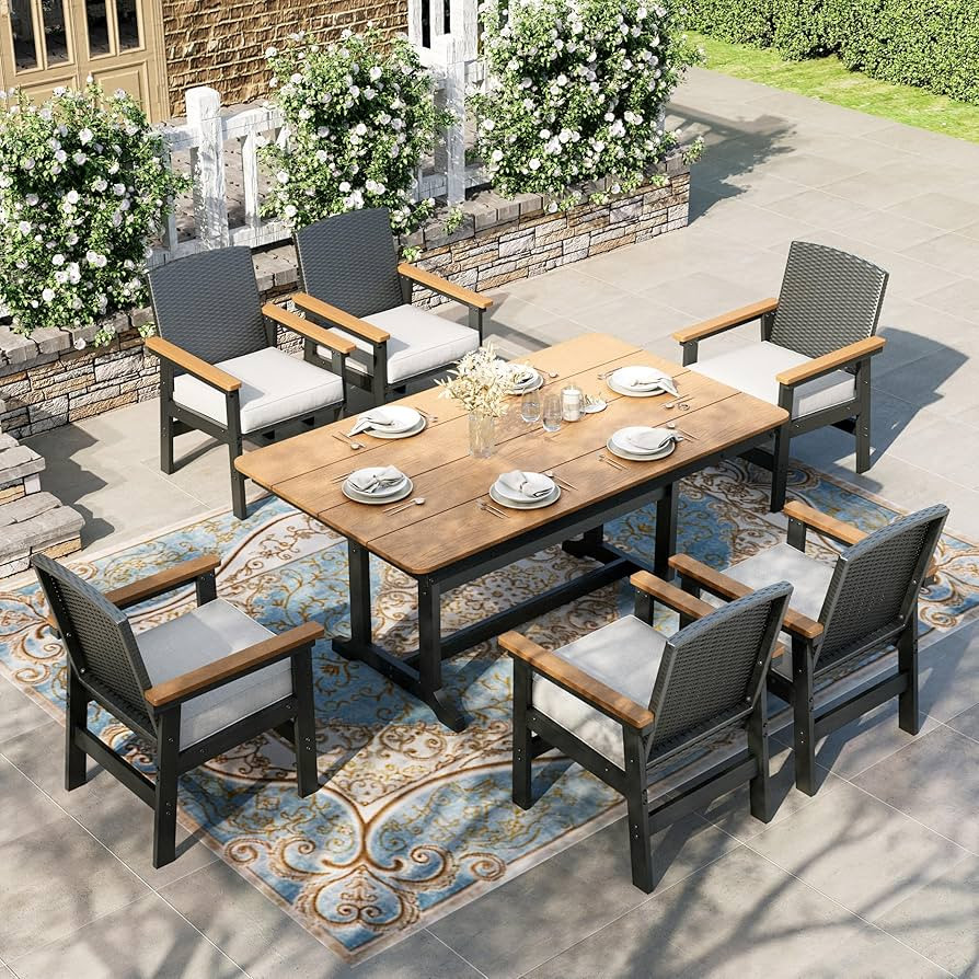 HERA'S HOUSE Patio Table and Chairs Set 7-Piece, HDPE Outdoor Dining Furniture Set with Cushions,... | Amazon (US)