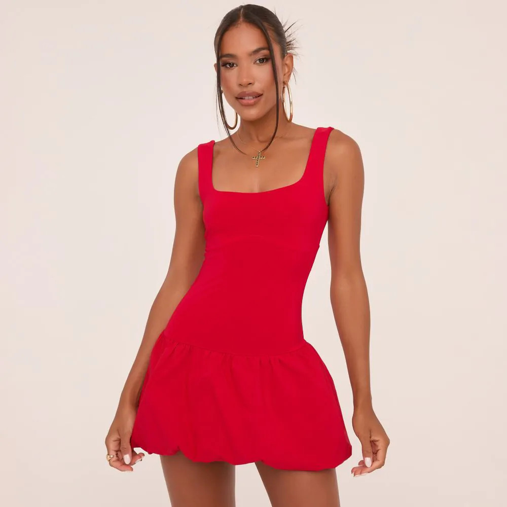 Scoop Neck Puffball Mini Dress In Red | EGO (UK)