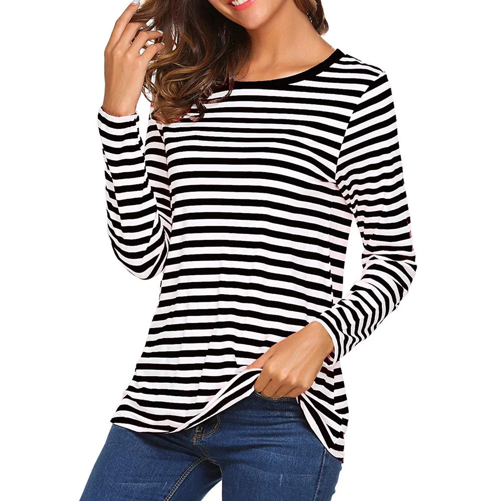 Mifelio Shirts for Women Round Top Striped T-Shirt Women Blouse Neck Shirts Long Tunic Sleeve Wom... | Walmart (US)