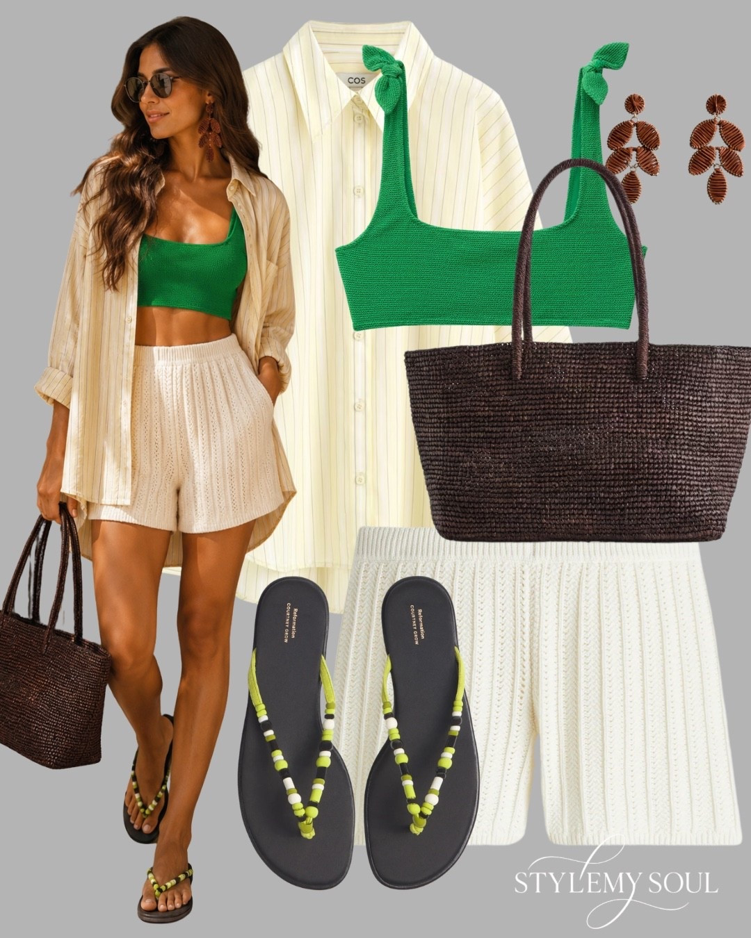 Summer outfit, yellow shirt, linen shirt, white shorts, flip flops, straw bag, green swimsuit

#LTKTravel #LTKSwim #LTKootd