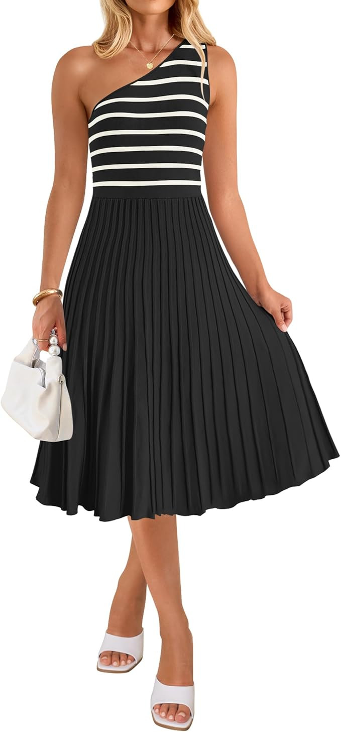 ZESICA Womens Summer Casual One Shoulder Midi Dresses 2024 Spring Sleeveless Striped Knit Pleated... | Amazon (US)