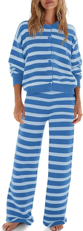 ReachMe Womens Oversized Striped 2 Piece Sets Button Up Cardigan and Wide Leg Pants with Pockets ... | Amazon (US)
