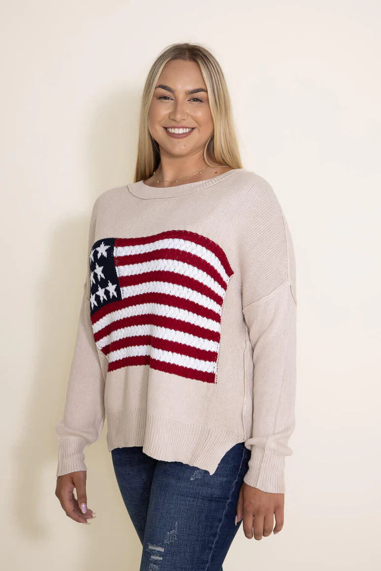 Miracle Clothing Knit American Flag Sweater for Women in Beige | Glik's