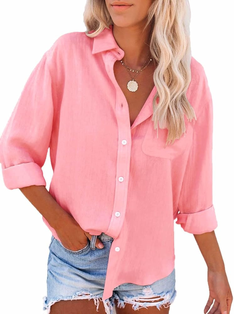 Womens Button Down Shirts Long Sleeve Dressy Casual Blouses Button Up Collared Shirts Tops for wo... | Amazon (US)