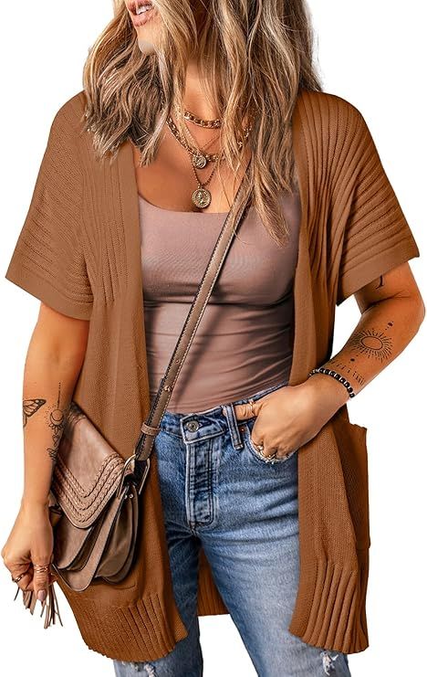 SHEWIN Cardigan Sweaters for women Lightweight Open Front Pleated Summer Short Sleeve Cardigans S... | Amazon (US)