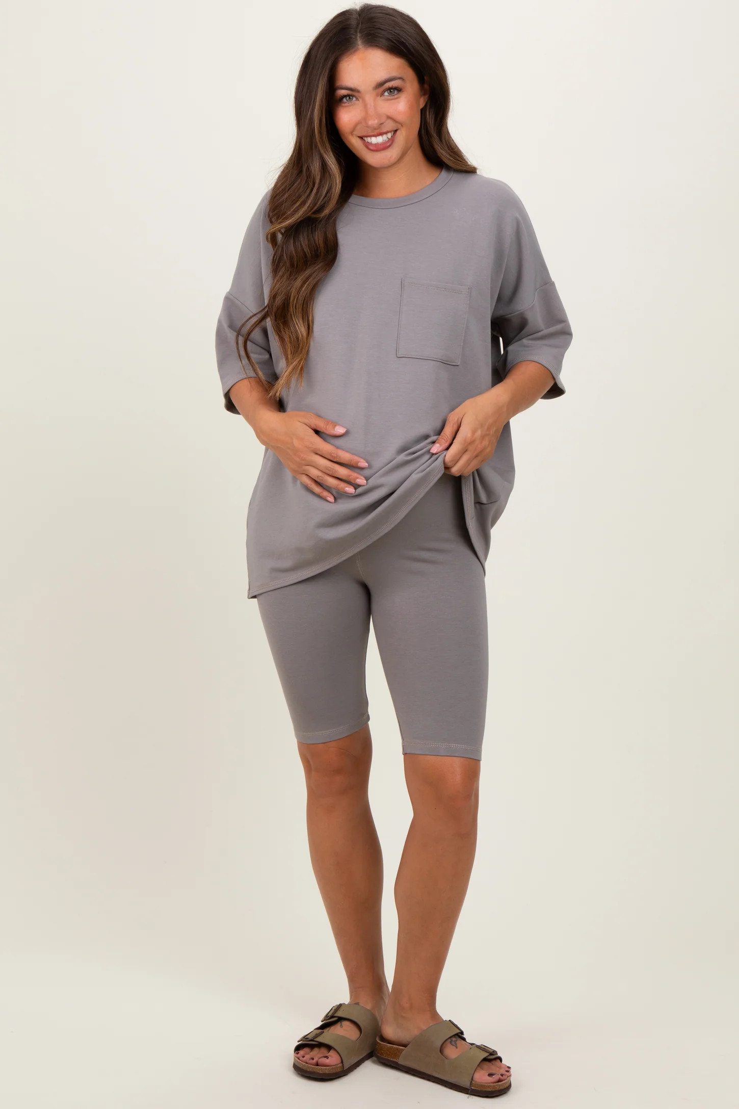 Mocha Oversized Short Sleeve Biker Short Maternity Set | PinkBlush Maternity