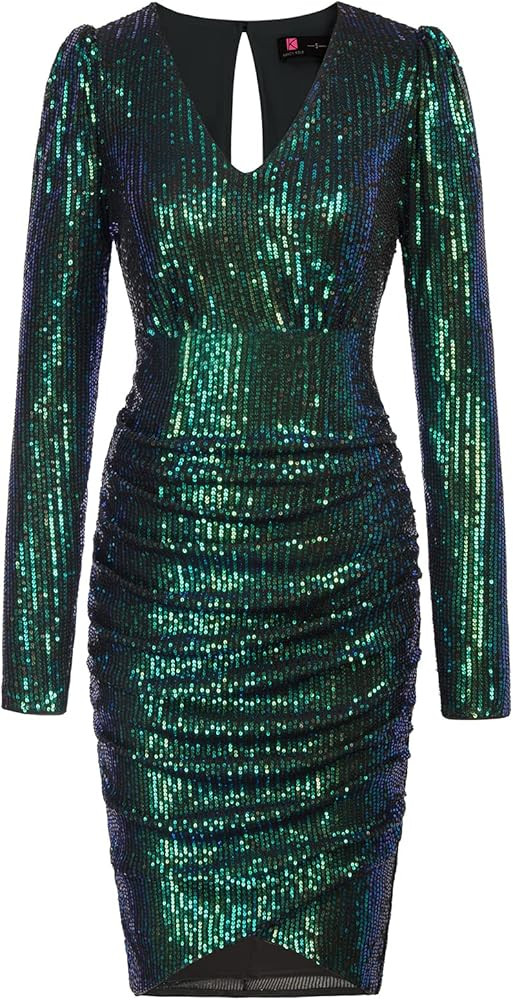 KANCY KOLE Women Sequin Party Dress V Neck Puff Long Sleeve Ruched Bodycon Glitter Dress for Women S | Amazon (US)