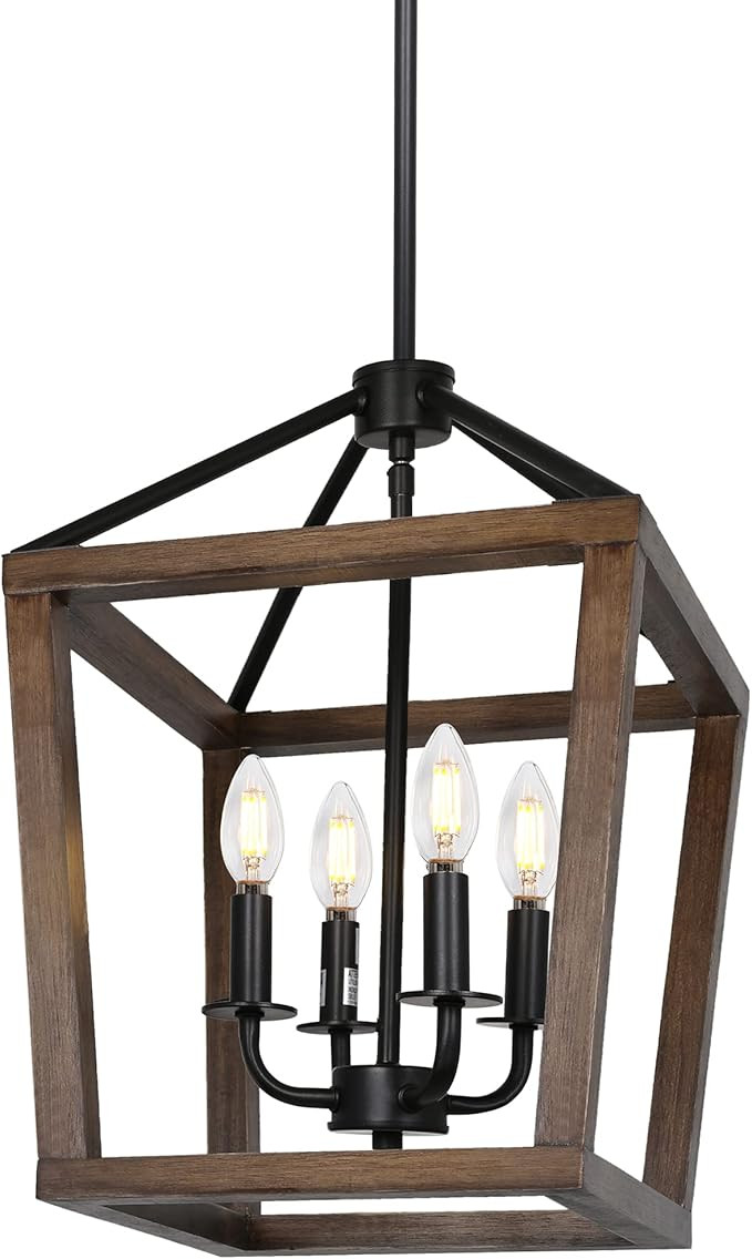 Hykolity 4-Light Rustic Chandelier, Adjustable Height Lantern Pendant Light with Oak Wood and Iro... | Amazon (US)