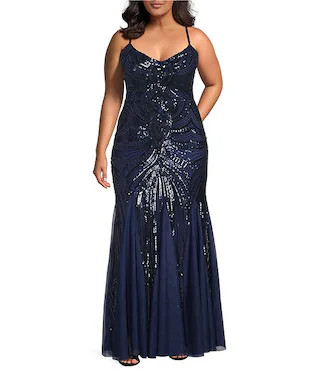 B. Darlin Plus Size Pattern Sequin V-Neck Spaghetti Strap Lace Up Back Godet Dress | Dillard's | Dillard's