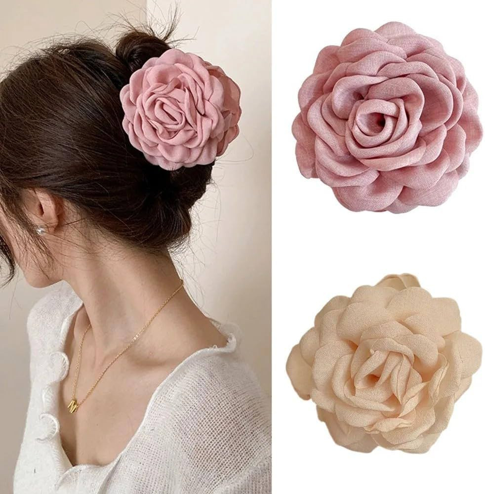 2PCS Flower Women's Hair Claws Clip,Fashion Headwear Elegant Lady Fabric Rose Flower Hair Claw Ha... | Amazon (US)