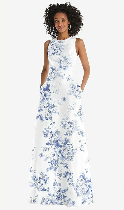 Jewel Neck Asymmetrical Shirred Bodice Floral Satin Maxi Dress in Cottage Rose Larkspur | The Dessy Group