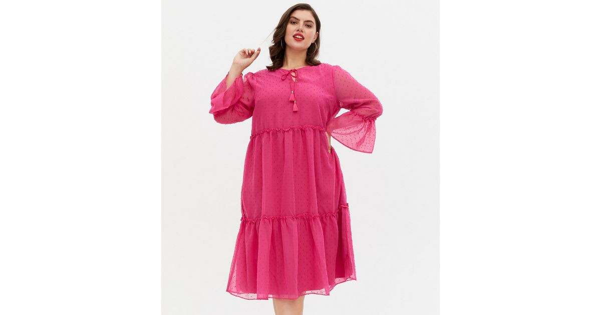 Yumi Curves Pink Spot Mesh Tie Neck Midi Smock Dress
						
						Add to Saved Items
						Remove... | New Look (UK)