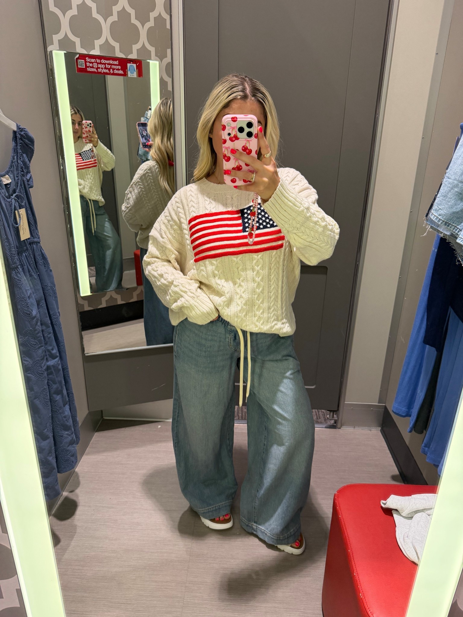 Memorial Day + 4th of July 
USA flag sweater large 
Jeans small
Sandals tts