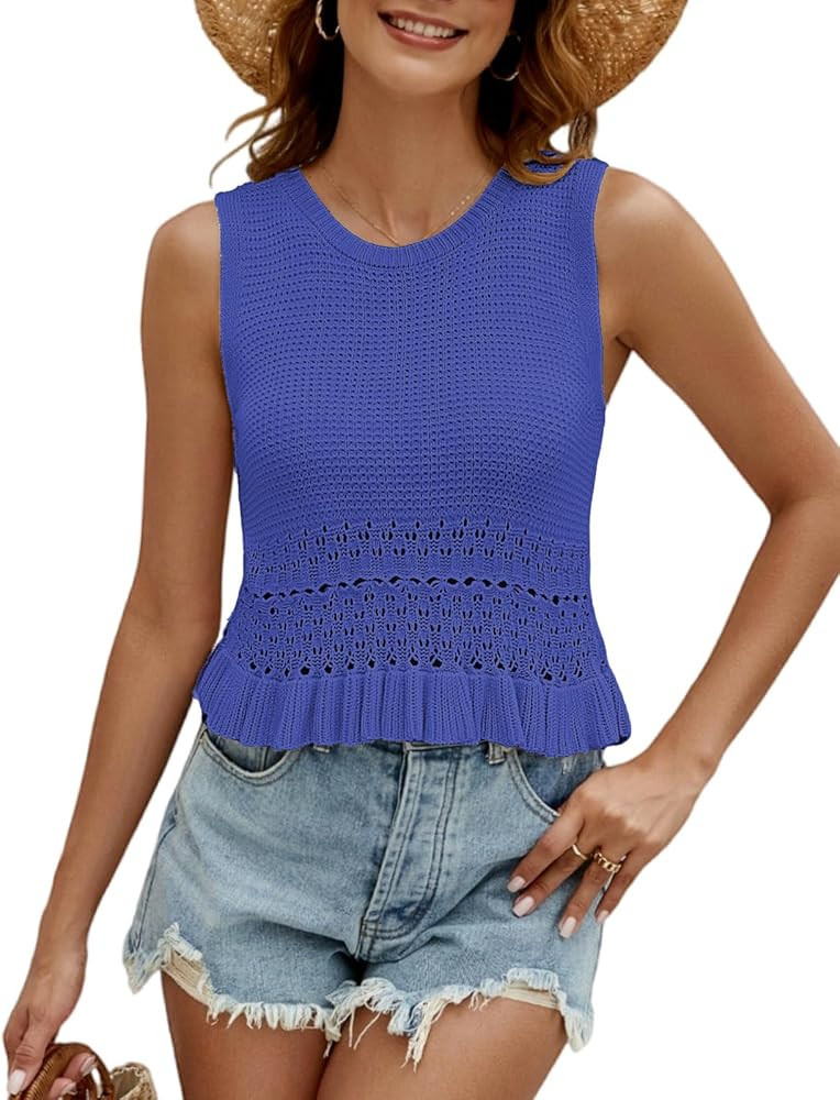 CiCiBird Women Cute Crop Sweaters Vest Knit Sleeveless Pullover Tops Crochet Ruffle Hem Tank | Amazon (US)