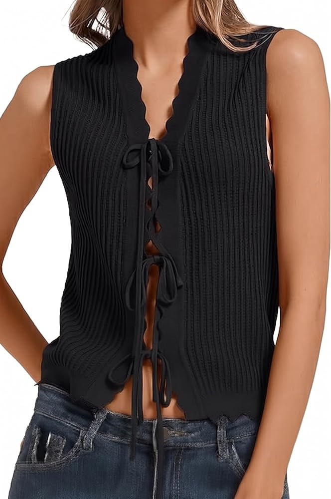Orolay CHIIONE Women's Tie Front Crochet Vest Scalloped Edge Knit Tops Sleeveless Boho Hippie Sum... | Amazon (US)