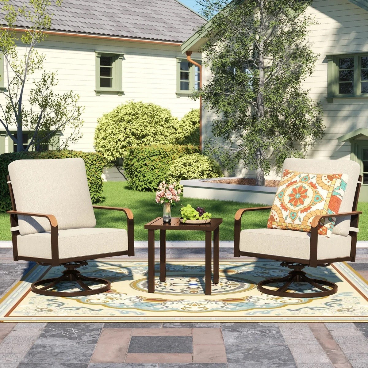 Create the perfect outdoor retreat with this 3-piece patio conversation set from Wayfair. Featuring two swivel rocking chairs with thick 6-inch Olefin cushions and a matching side table, this set offers lasting comfort and timeless style for patios, porches, decks, and backyard seating areas. Currently on sale, it’s a beautiful choice for relaxing or entertaining outdoors.