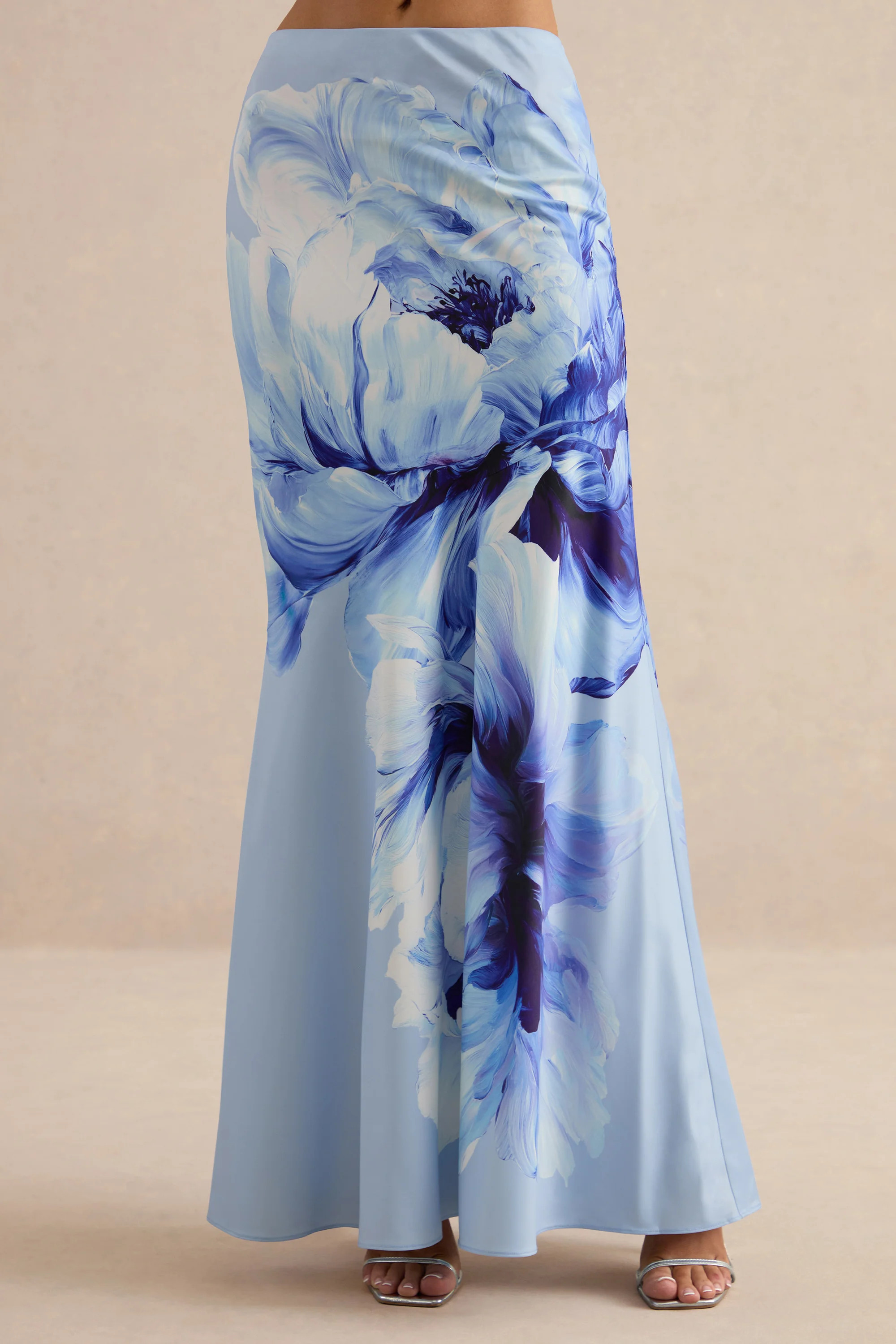 Vayla | Blue Floral Print Matte Satin Asymmetric Drop-Waist Maxi Skirt | Club L London