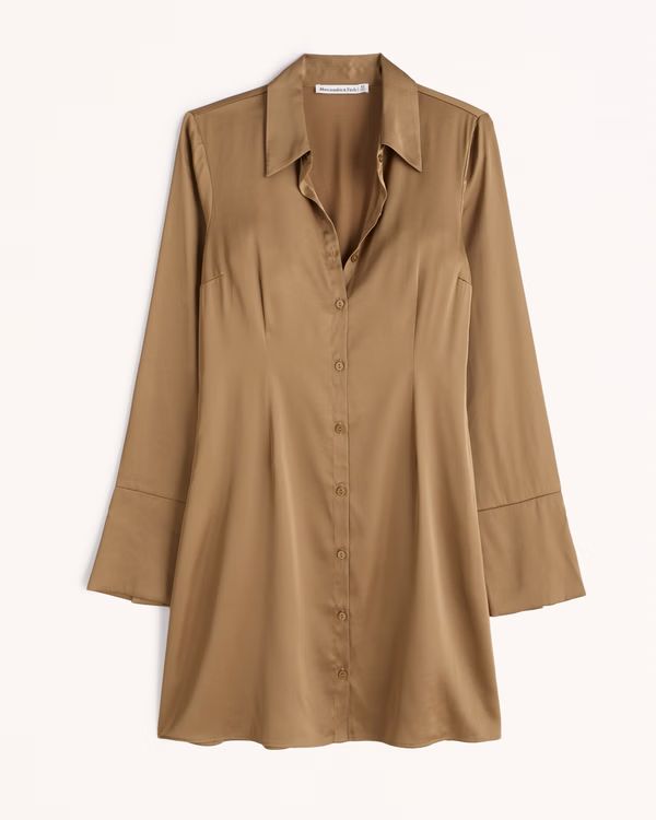 Women's Long-Sleeve Satin Shirt Dress | Women's New Arrivals | Abercrombie.com | Abercrombie & Fitch (US)
