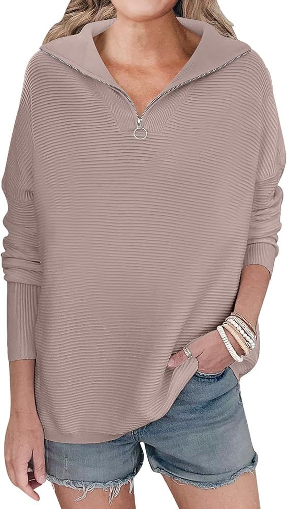 Women's Oversized Sweater Quarter Zip V Neck Collared Ribbed Knit Pullover Tunic 2023 Y2K Fall To... | Amazon (US)