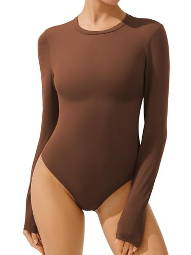 AFITNE Women's Crew Neck Long Sleeve Bodysuit Basic Sexy Trendy Tummy Control Thong Body Suit Tops Going Out Shirts, Brown L | Amazon (US)