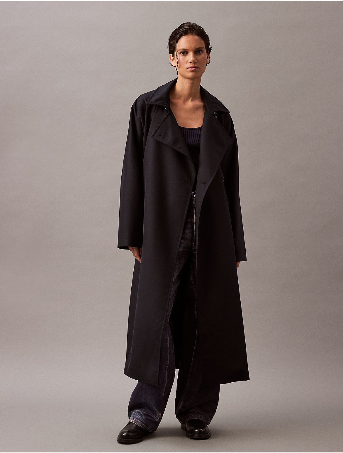 Calvin Klein Women's Long Wool Twill Blend Trench Coat - Navy - S | Calvin Klein (US)