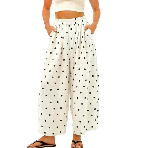 Tearsand Womens Cotton Linen Polka Dot Pants Casual Wide Leg Barrel Pants High Waist Elastic Summer Palazzo Trousers(Beige,M) | Amazon (US)