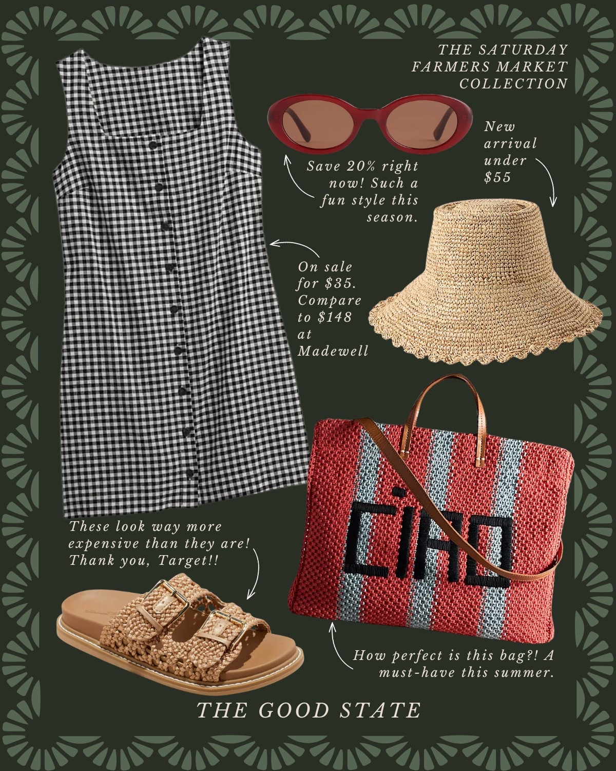 The Saturday Farmers Market Collection with a coastal twist🍓🐟 For all the Farmers Market girlies living their best life in the sunshine with a pastry and coffee in hand while carrying a tote of fresh produce on their shoulder. For the ones who love a pop of color, all things gingham and a scarf in their hair or around their neck. 

Anthropologie , Anthro, Amazon, Quince, mini dress, maxi dress denim jacket, chore coat, earring, socks, beauty, sunglasses, spring outfit, spring fashion, tote bag, purse, woven purse, spring break, bandanna, scarf, quilted jacket, the good state, Lauren England, gola sneakers, clutch vacation outfit, hoop, earrings, American Eagle, target target fashion, target style sneakers, veja, mini dress, floral dress, wedding guest, dress, , vacation, outfit, ootd, gingham, Nordstrom, designer look for less, wedding guest dress, summer fashion, ciao

#LTKSaleAlert #LTKStyleTip #LTKFindsUnder50